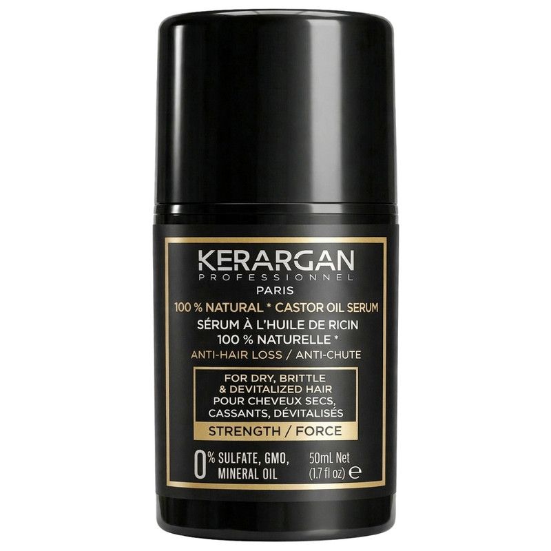 Flacon noir avec étiquette. Texte: Kerargan, sérum anti-chute, huile de ricin, 100% naturel. Pour cheveux secs et cassants. 50ml.