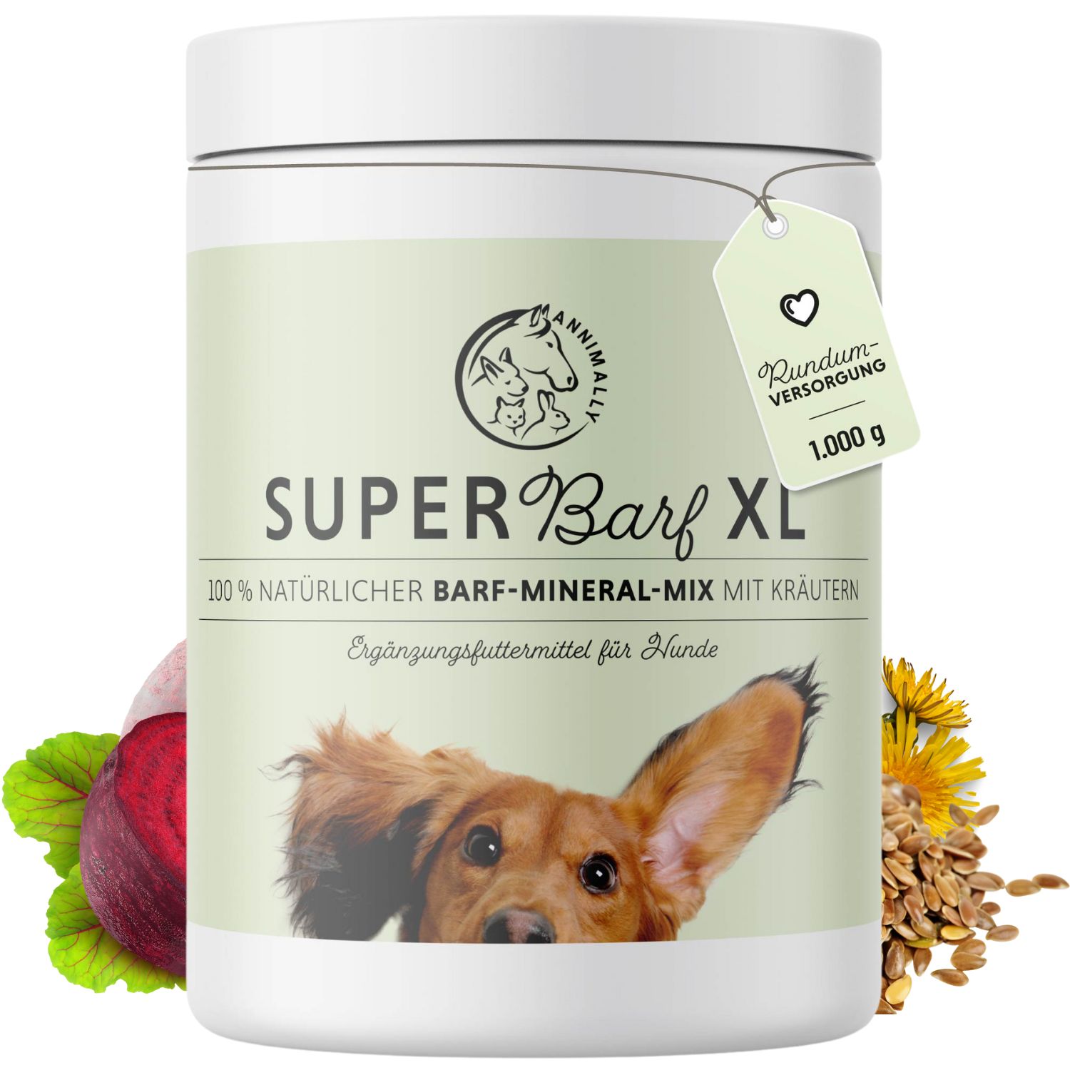 Pot "Annimally Super Barf XL". Étiquette avec logo, texte et 1.000 g. Chien en image. Ingrédients comme la betterave.