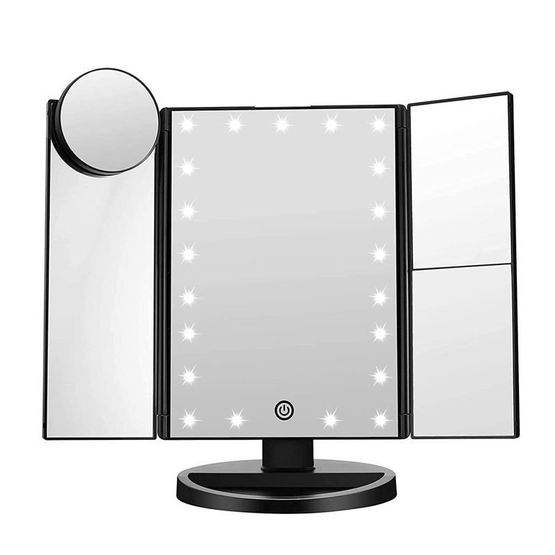 Miroir pliable noir avec éclairage LED. Triple, avec miroir rond. Sur socle rond. Bouton marche/arrêt.
