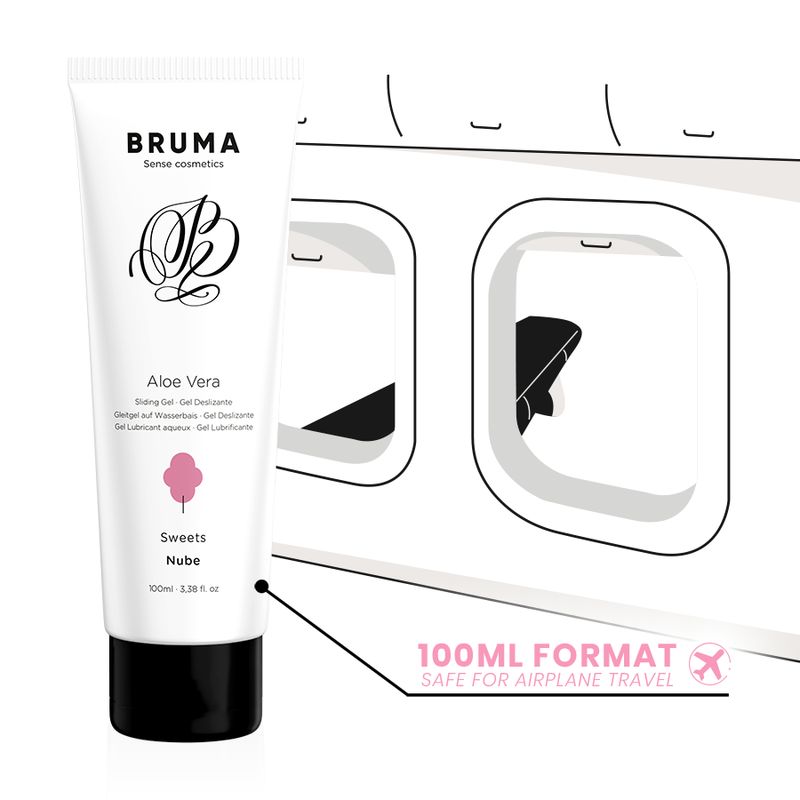 Tube blanc, bouchon noir. Inscription: Bruma, Aloe Vera, barbe à papa. Texte: Format 100ml, sûr pour les voyages en avion.