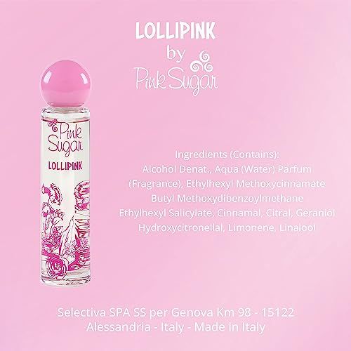 Parfumfles met roze dop. Opschrift "Pink Sugar Lollipink". Ingrediëntenlijst. Gemaakt in Italië.