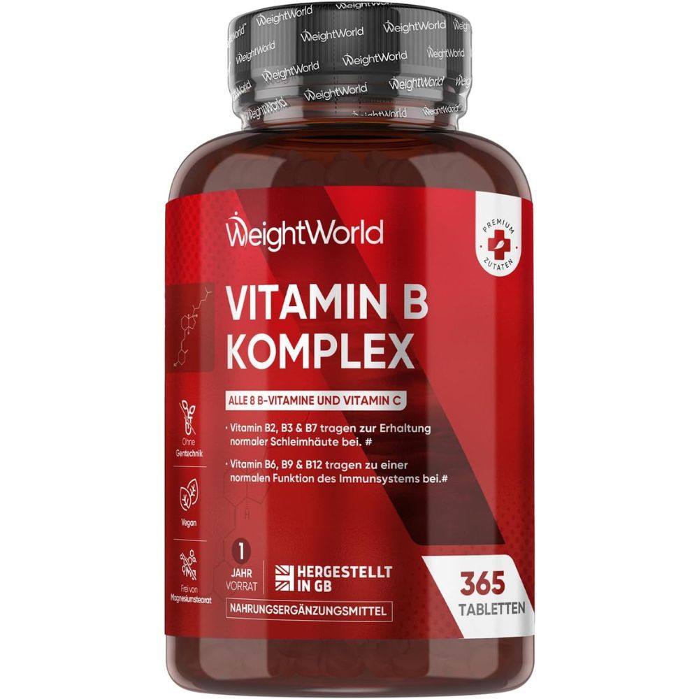 Flacon marron avec étiquette rouge. Contient 365 comprimés. Inscription : Vitamine B Complexe, Vitamine C. Marque : WeightWorld.