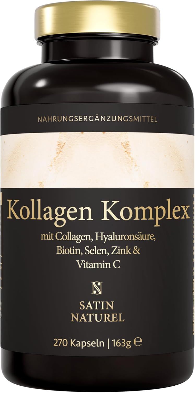 Bruine fles met capsules. Tekst: KOLLAGEN KOMPLEX, SATIN NATUREL, 270 capsules, 163g e.