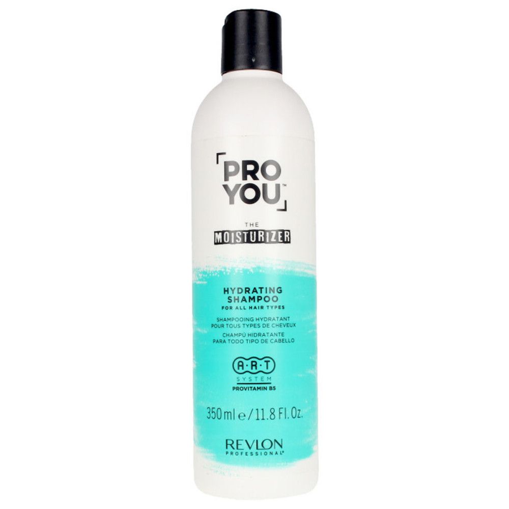 Witte shampoo fles met zwarte dop. Opschrift: PRO YOU The Moisturizer, Hydrating Shampoo. Revlon Professional.