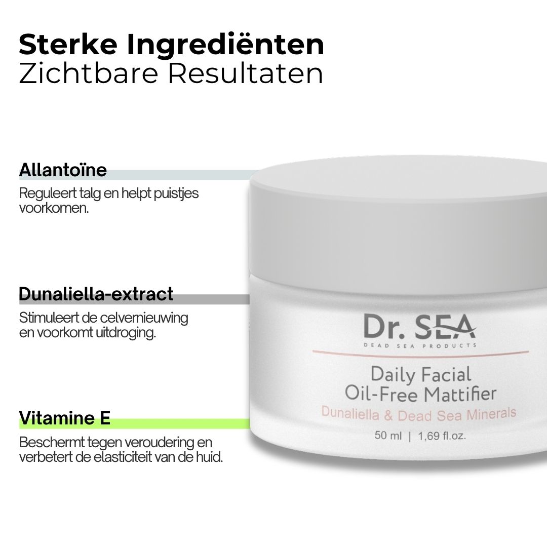 Crèmepot met tekst. Tekst: Sterke Ingrediënten Zichtbare Resultaten, Allantoïne, Dunaliella-extract, Vitamine E, Daily Facial.