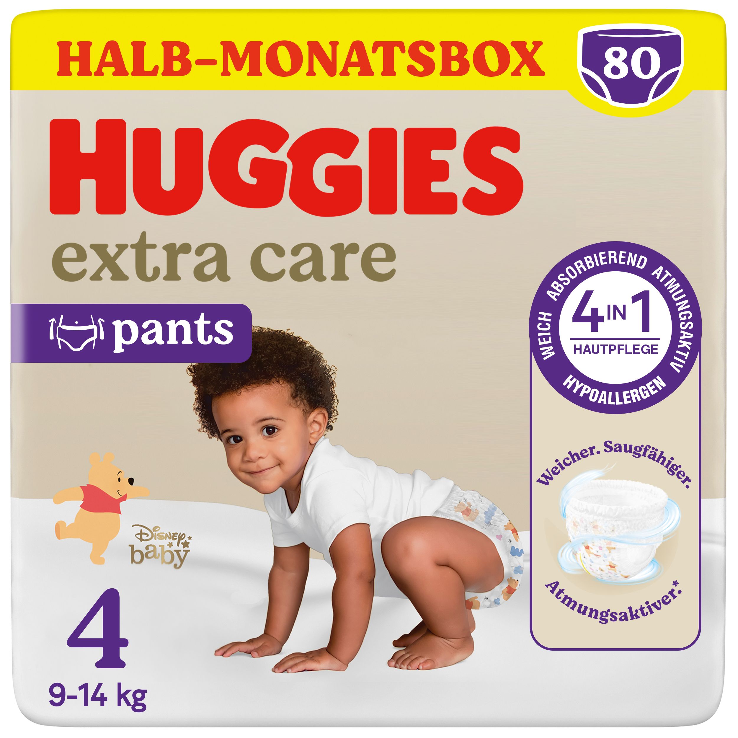 Huggies Extra Care Pants, maat 4 (9-14 kg), met Winnie de Poeh design. Halve maand box met 80 stuks.