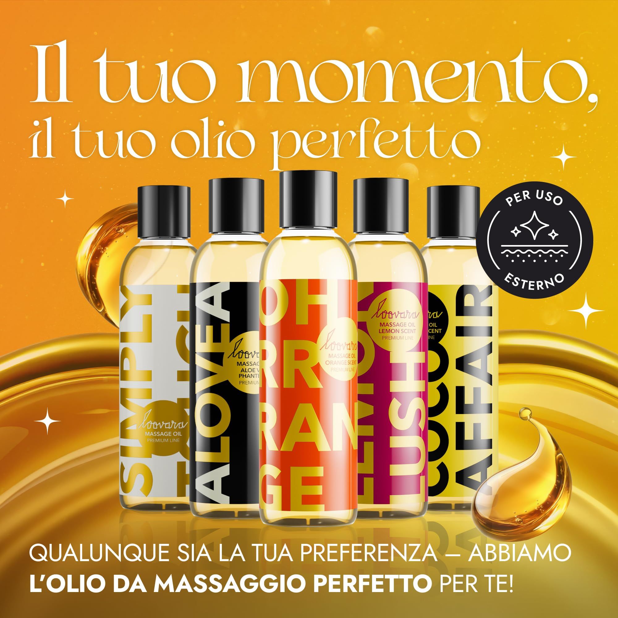 Cinq bouteilles d'huile de massage Loovara de différentes variétés, sur fond jaune.