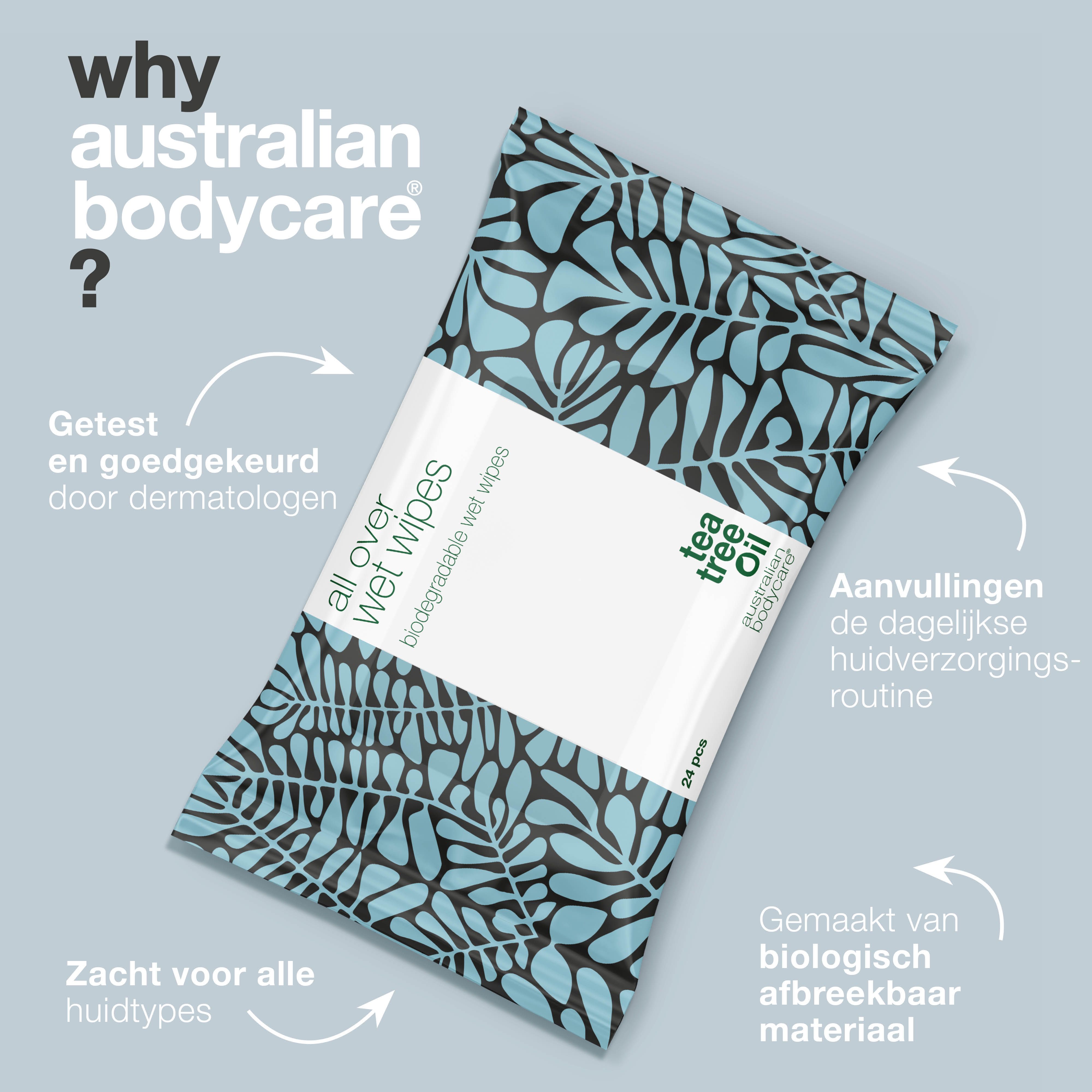 Pakje vochtige doekjes met blauw bladerpatroon. Tekst: "all over wet wipes". Logo: Australian Bodycare. Tekst over voordelen.
