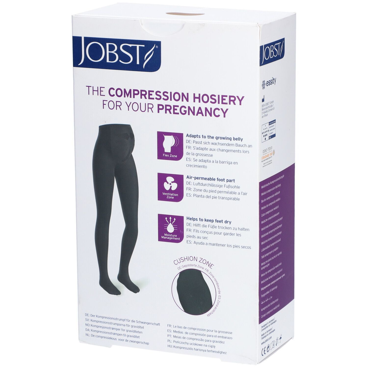 Collant de compression JOBST Maternity Opaque en boîte. Collant noir illustré. Flex Zone, Ventilation Zone et Moisture Management.
