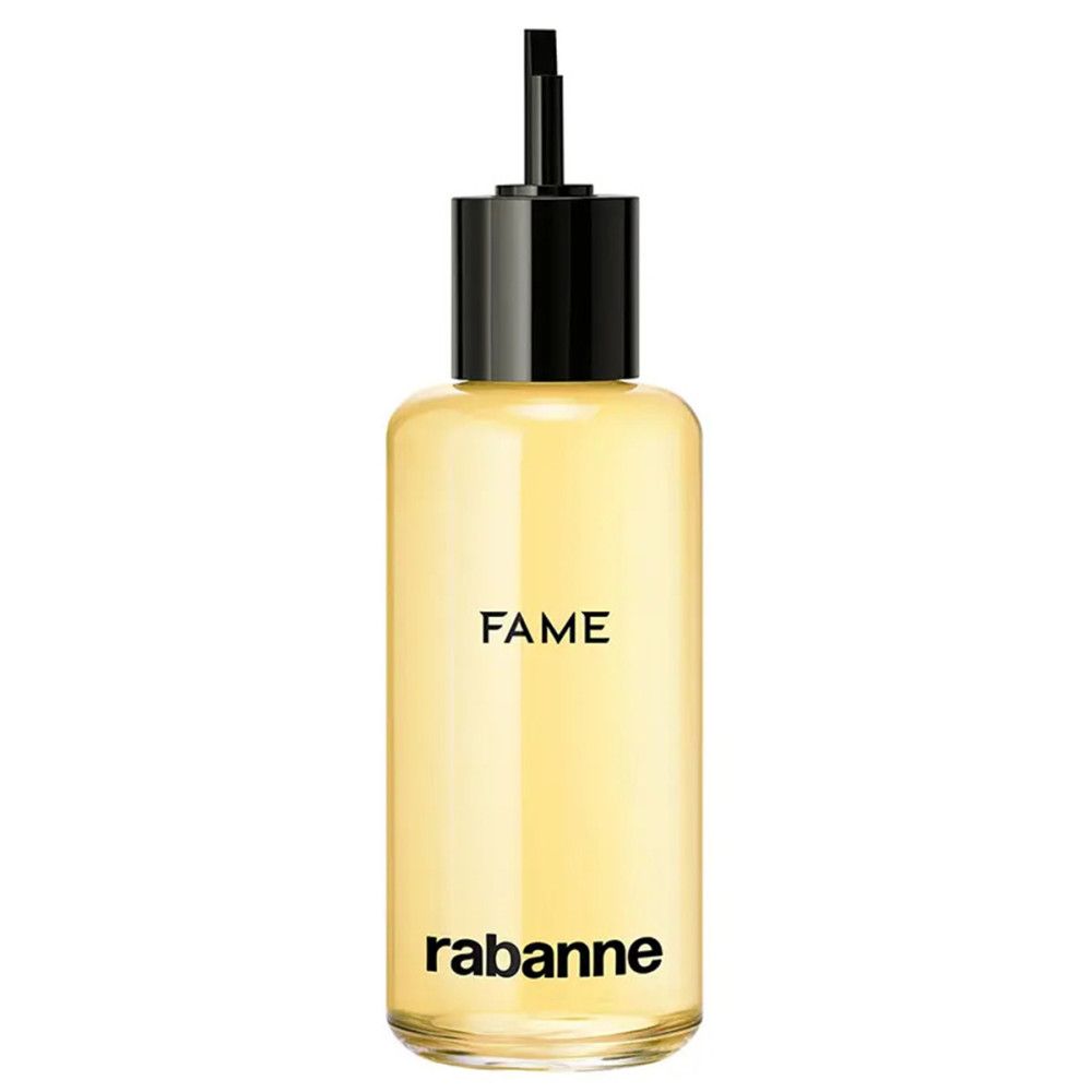Gele glazen fles met zwarte dop. Opschrift "FAME" en "rabanne".