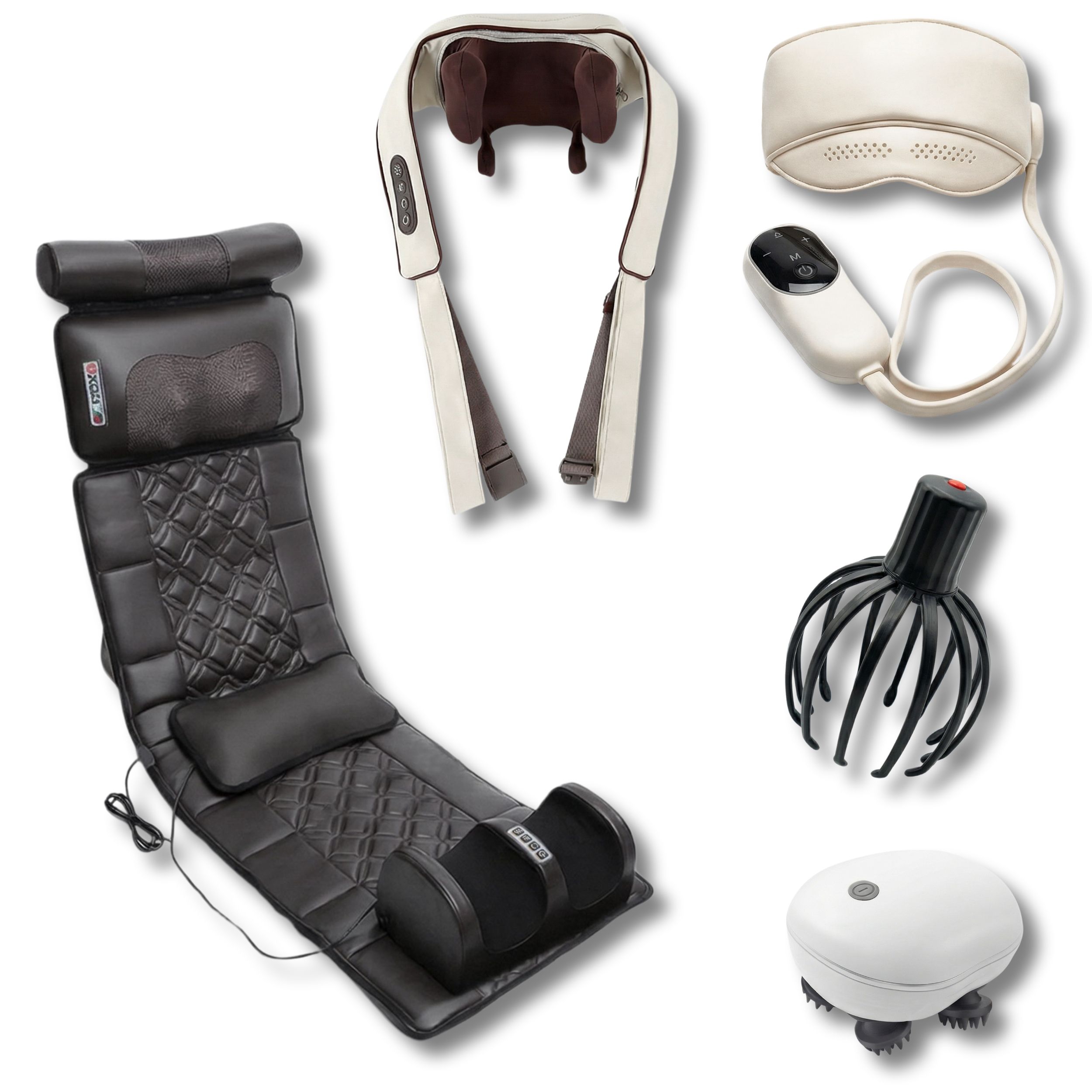 Tapis de massage Shiatsu, masseur de cou, masque pour les yeux, masseur de cuir chevelu et masseur de pieds. Différentes formes et couleurs.