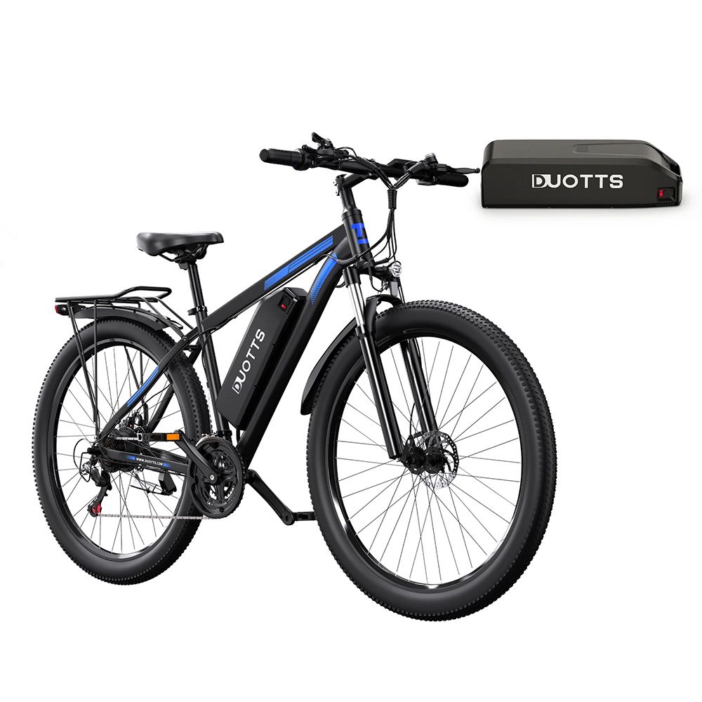 VTT électrique noir avec batterie amovible. Logo DUOTTS, freins à disque, porte-bagages.