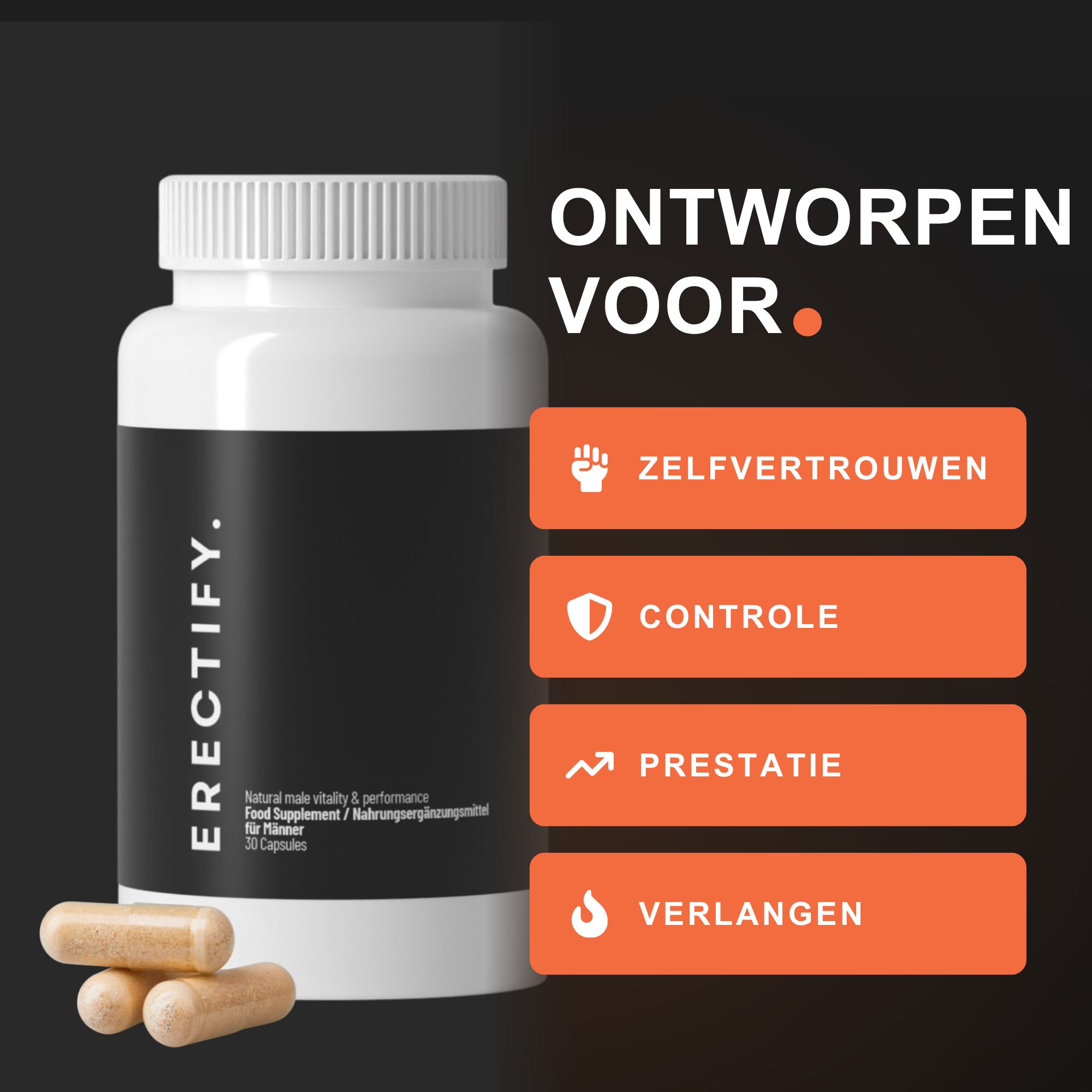 Fles met capsules. Tekst benadrukt zelfvertrouwen, controle, prestatie en verlangen. Twee capsules ernaast.
