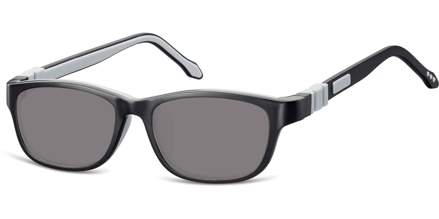Lunettes de soleil noires avec verres gris. Branches avec détail gris. Vue latérale.