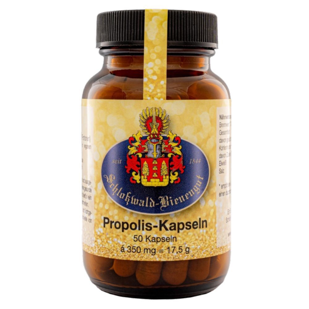 Flacon en verre brun avec étiquette jaune. Inscription: Propolis-Kapseln, 50 capsules. Couvercle noir. Sceau avec armoiries.