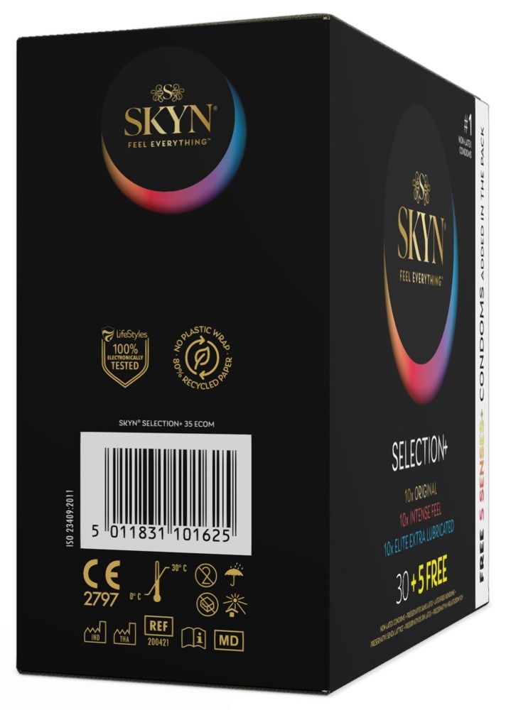 Zwarte verpakking van SKYN Selection+ met productinfo en logo's. Bevat 35 condooms.