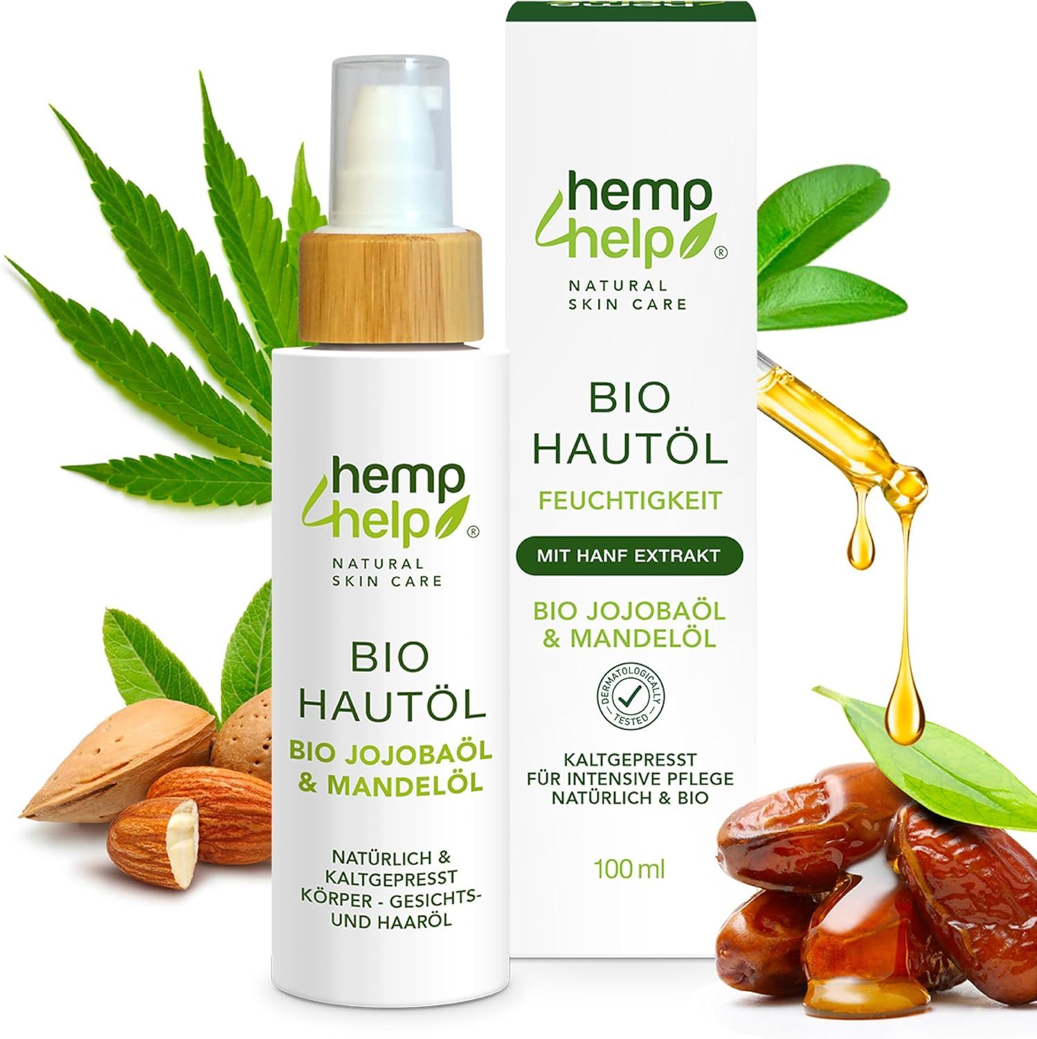 Flacon d'huile pour la peau avec vaporisateur et emballage. Feuille de chanvre, amandes, dattes et gouttes d'huile. Inscription : Bio Hautöl.
