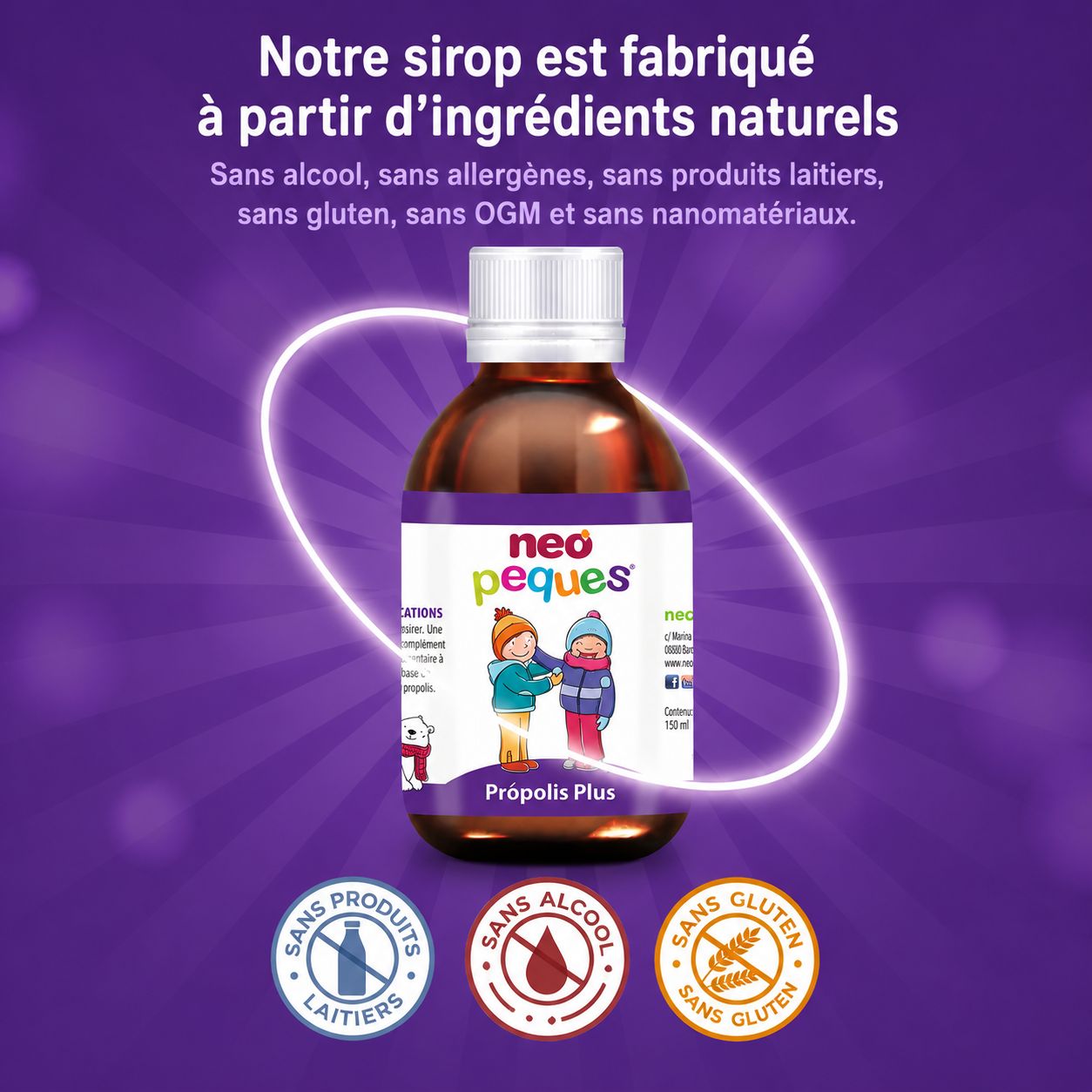 Flacon en verre brun avec bouchon blanc, étiquette avec enfants et inscription "Propolis Plus".