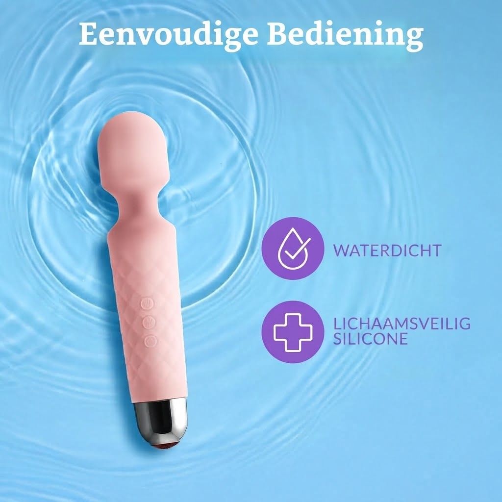 Een roze staafmassager met zilveren punt. Waterdicht en van lichaamsveilige siliconen.