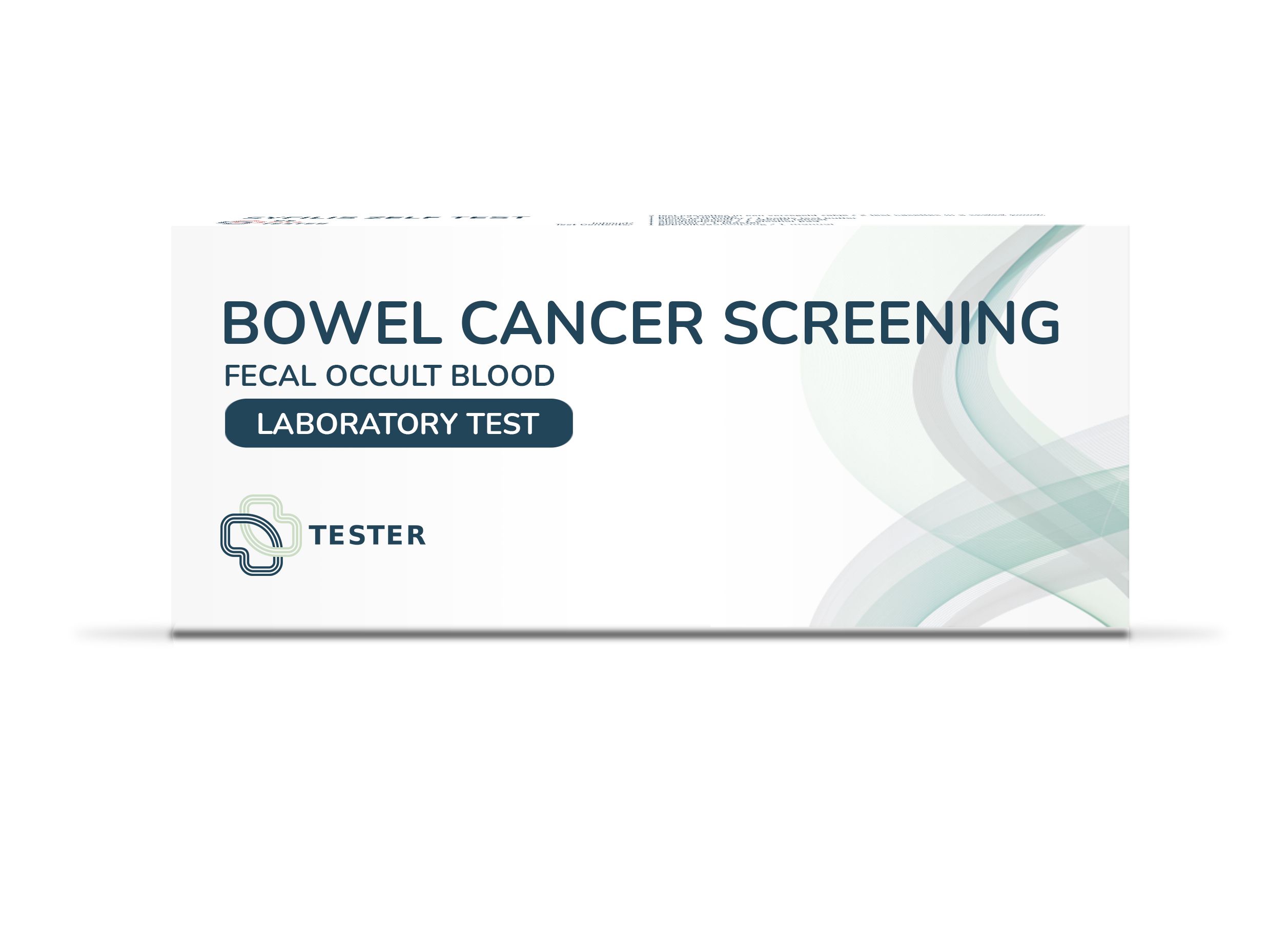 Witte doos met opschrift "BOWEL CANCER SCREENING". Bevat tekst: "FECAL OCCULT BLOOD LABORATORY TEST". Logo en woord "TESTER".