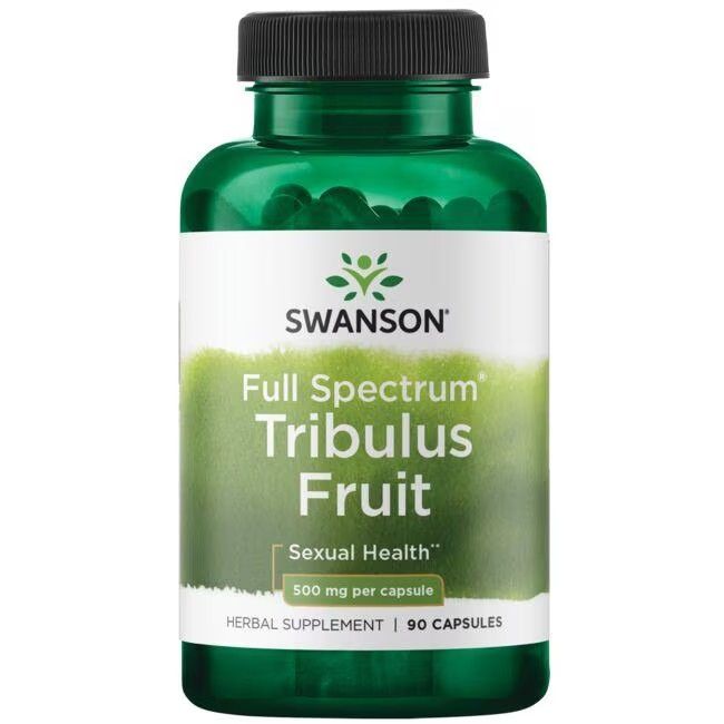 Flacon vert de gélules. Inscription: SWANSON Tribulus Fruit, 500 mg par gélule. 90 gélules. Complément à base de plantes.