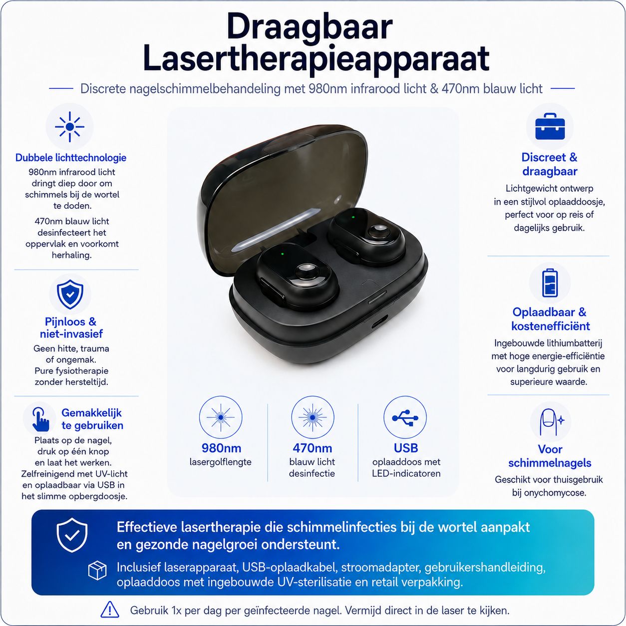 Productinformatie in het Nederlands: Draagbaar Lasertherapieapparaat, Nagelzwambehandeling.