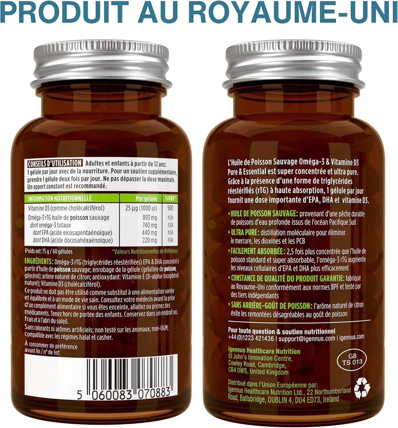 Avant et arrière d'une bouteille d'Oméga-3 avec informations nutritionnelles et instructions.