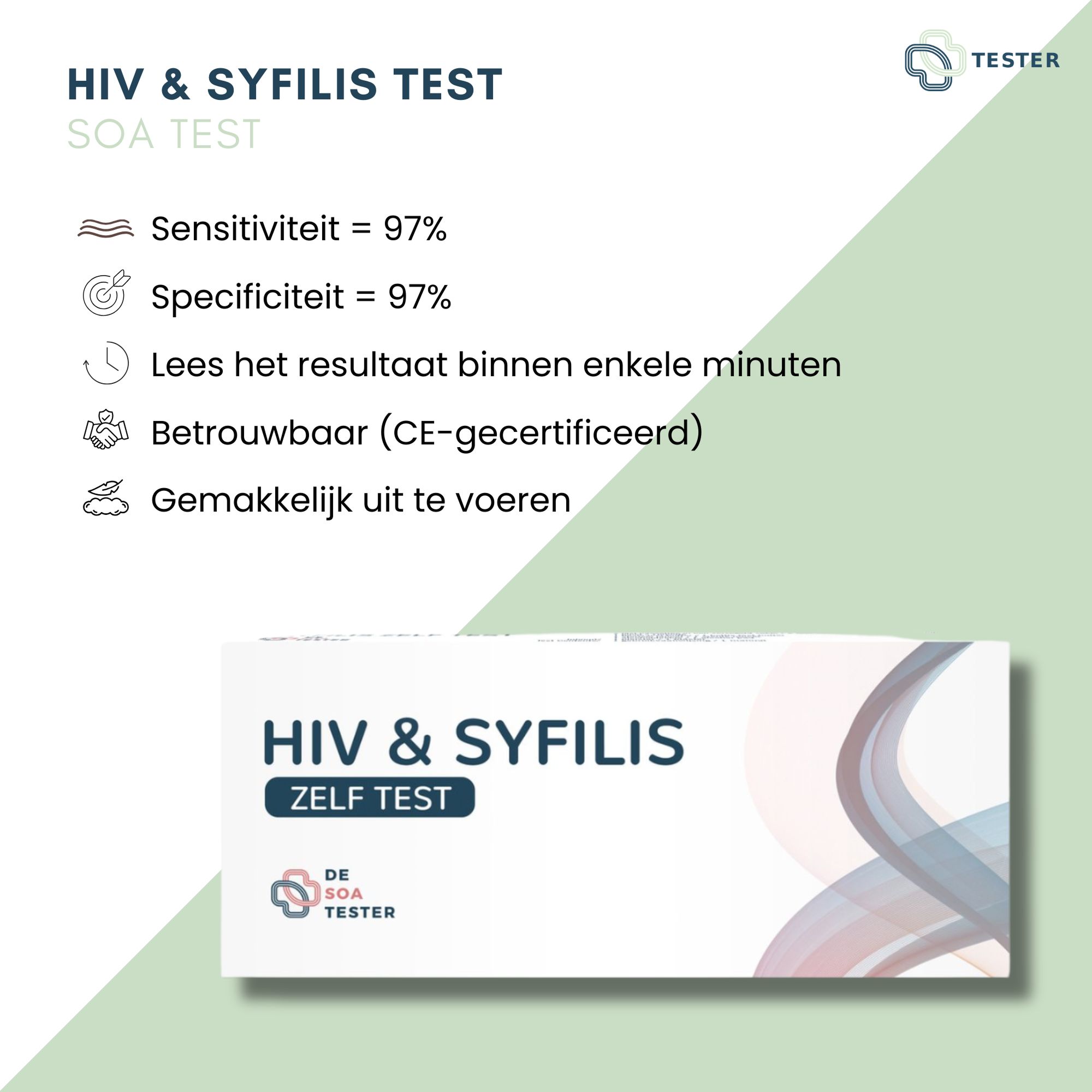 Productverpakking met tekst "HIV & SYPHILIS TEST". Informatie over gevoeligheid, specificiteit en certificering.