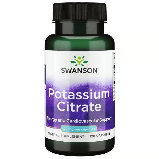 Flacon vert avec étiquette blanche. Inscription: SWANSON, Potassium Citrate, 99 mg par capsule, 120 capsules.