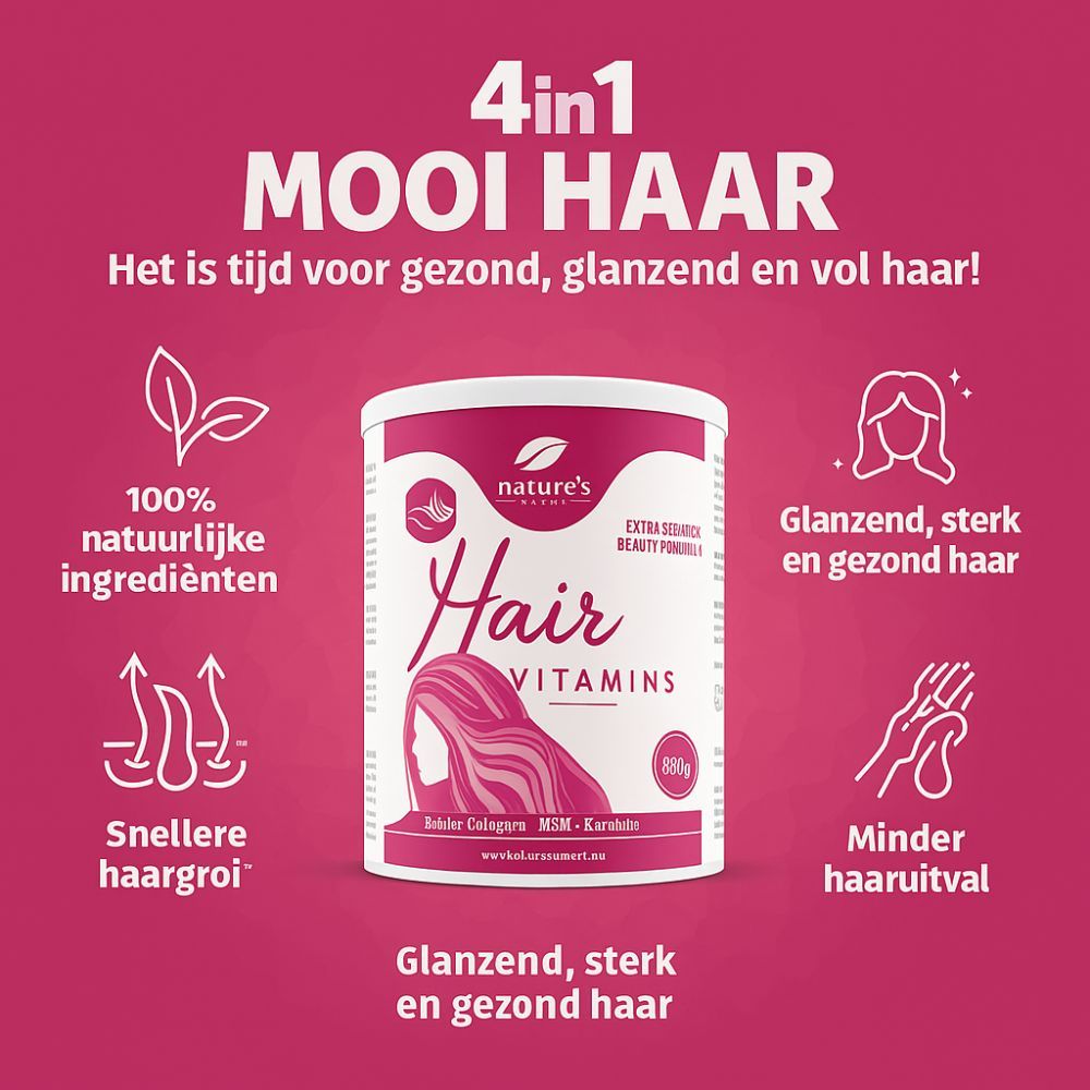 Productverpakking van Nature's Finest Hair Vitamins. Pot met tekst en illustraties. 4in1 voor mooi haar.