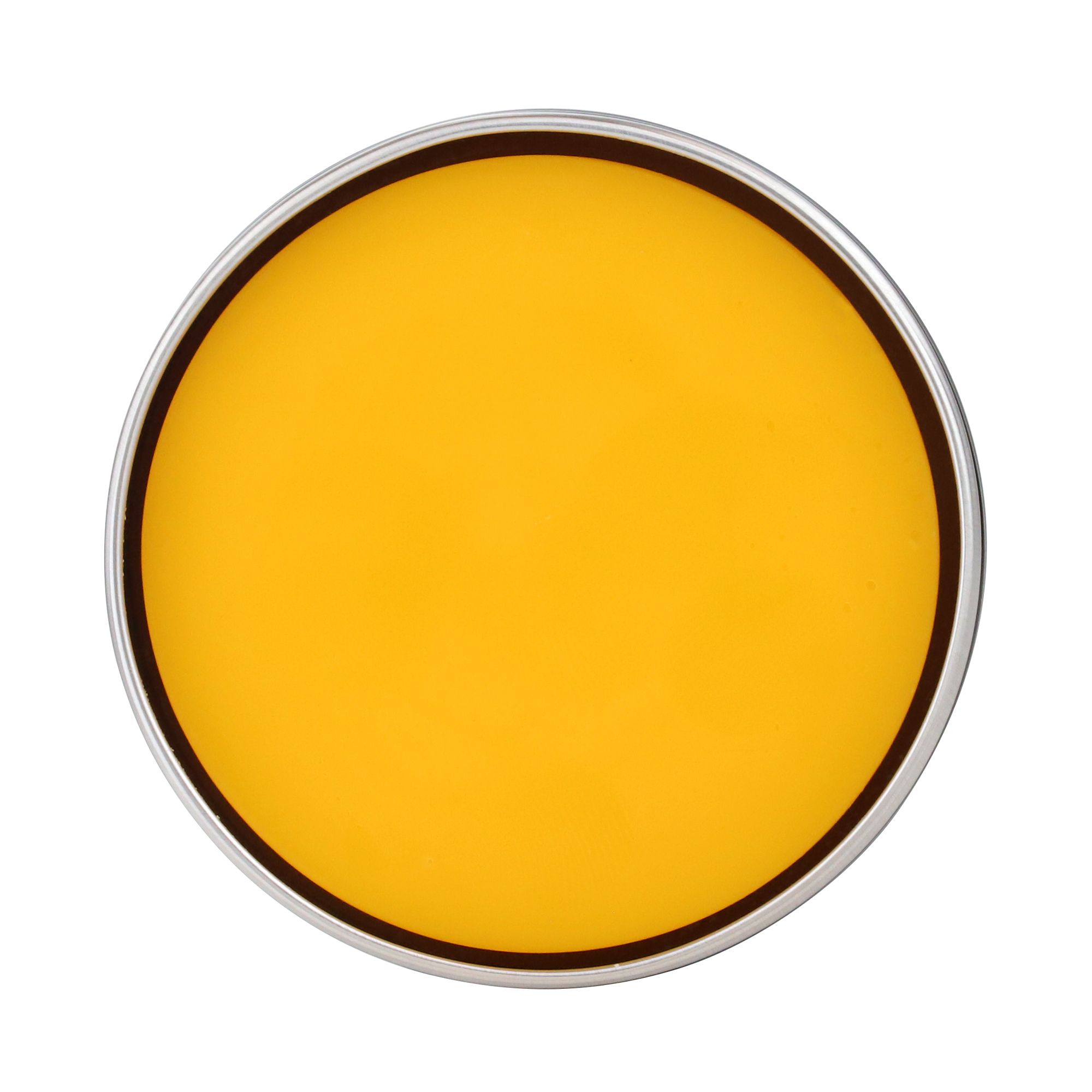 Pot met gele vaste conditioner. Zilveren rand. Geen andere details.