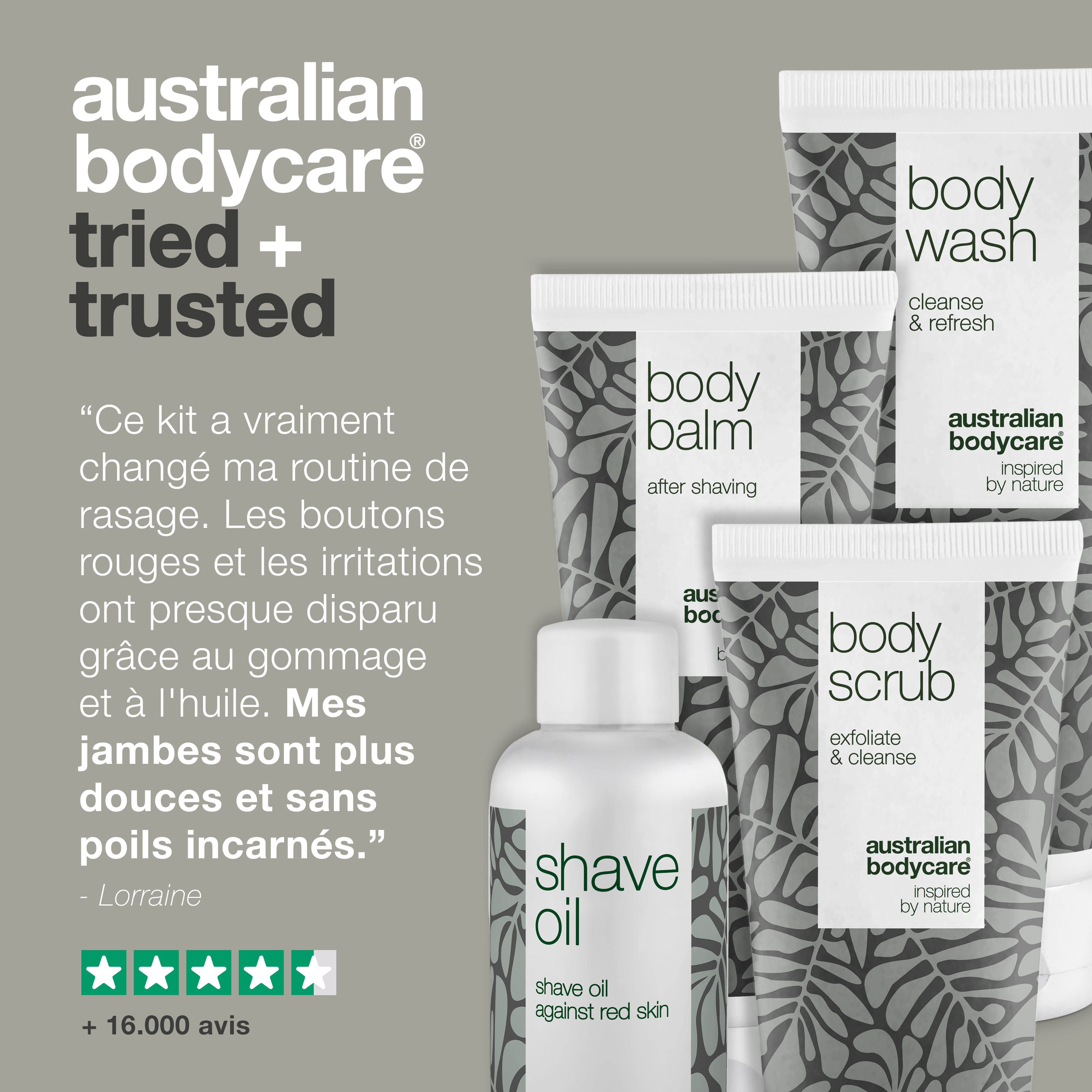 Ensemble de produits : Body Wash, Body Scrub, Body Balm et Shave Oil. Texte : Avis avec 5 étoiles et plus de 16 000 évaluations.