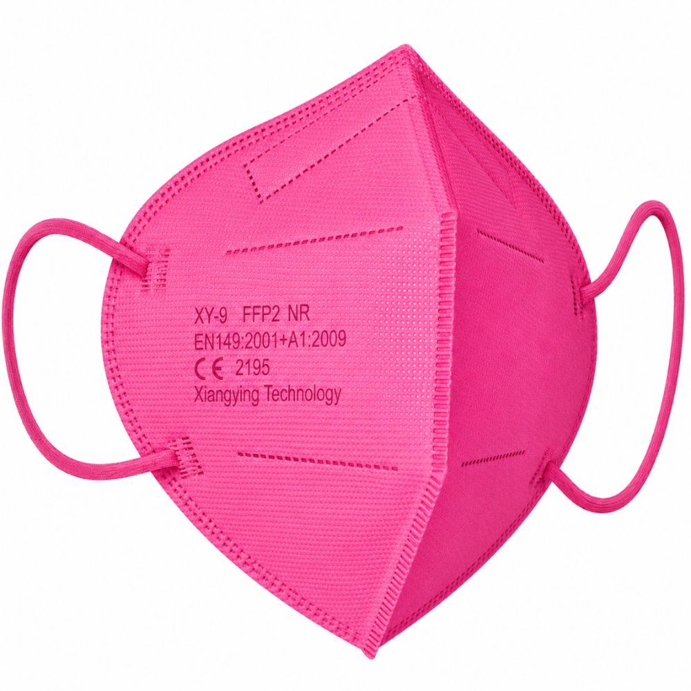 Roze FFP2 ademhalingsmasker met CE-certificering en 5-laagse bescherming.