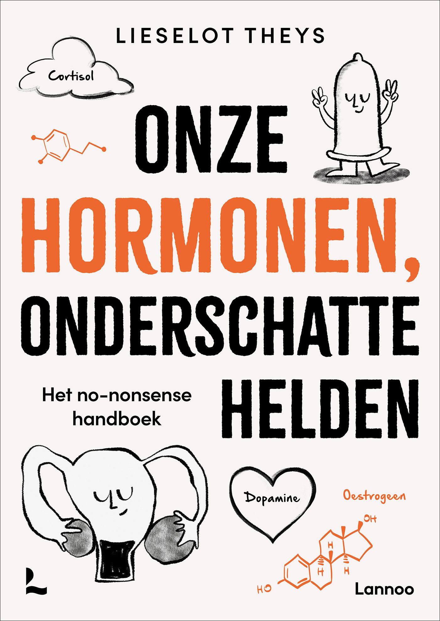 Couverture de livre "Onze Hormonen, onderschatte Helden". Illustrations de nuage, spermatozoïde, utérus, molécules.