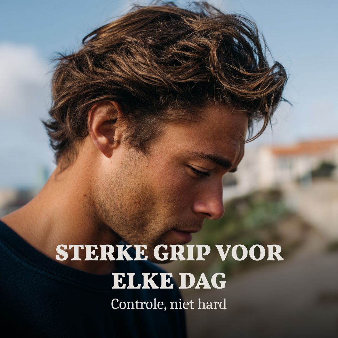 Man met vol haar, sterke grip voor elke dag, controle, niet hard.