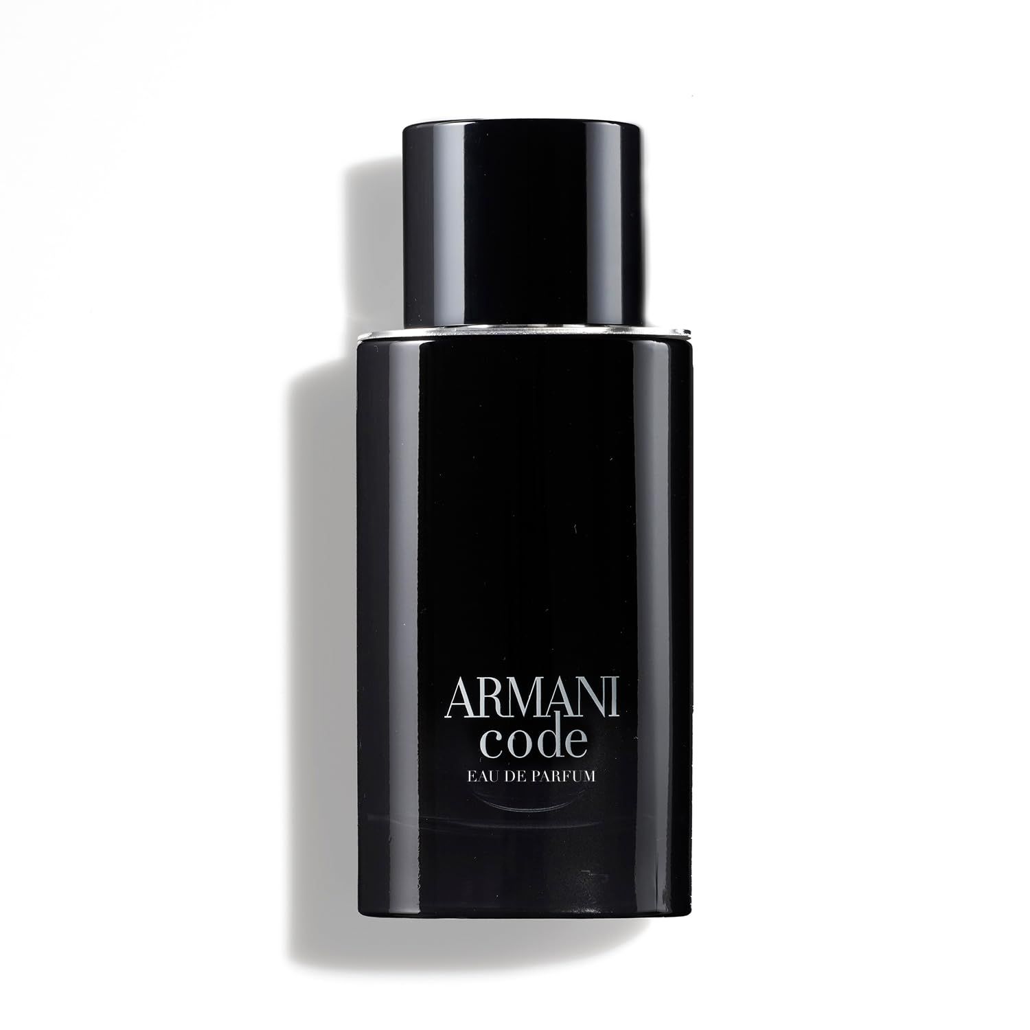 Zwarte fles met zwarte dop. Opschrift: ARMANI CODE EAU DE PARFUM.