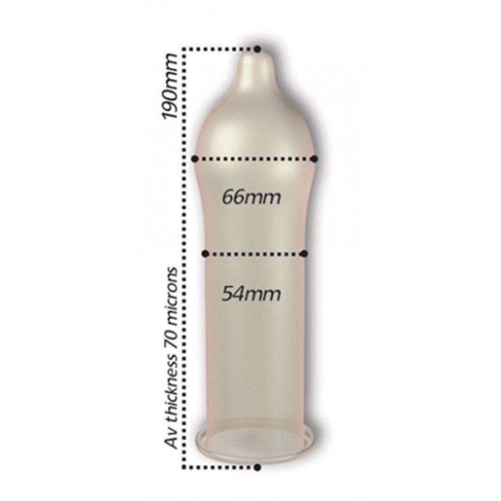 Préservatif transparent avec dimensions: 190mm long, 66mm large, 54mm large, 70 microns d'épaisseur.