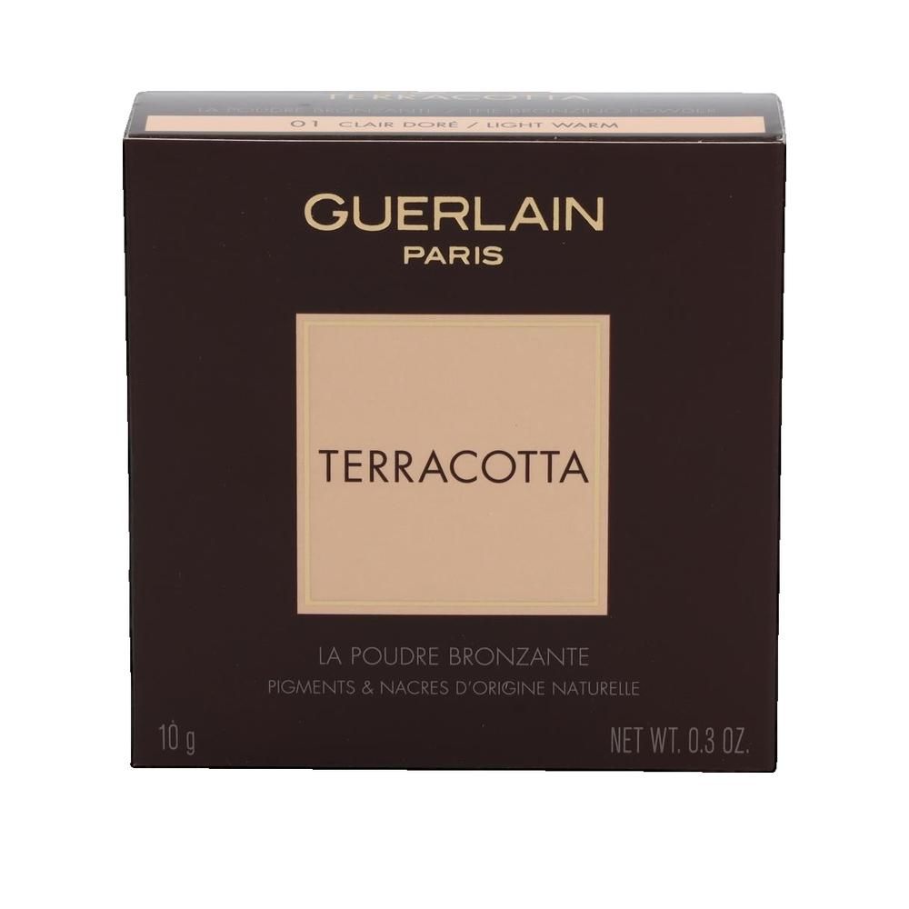 Poudre bronzante dans un emballage carré. Marque Guerlain, inscription Terracotta. 10 g, 0,3 oz.