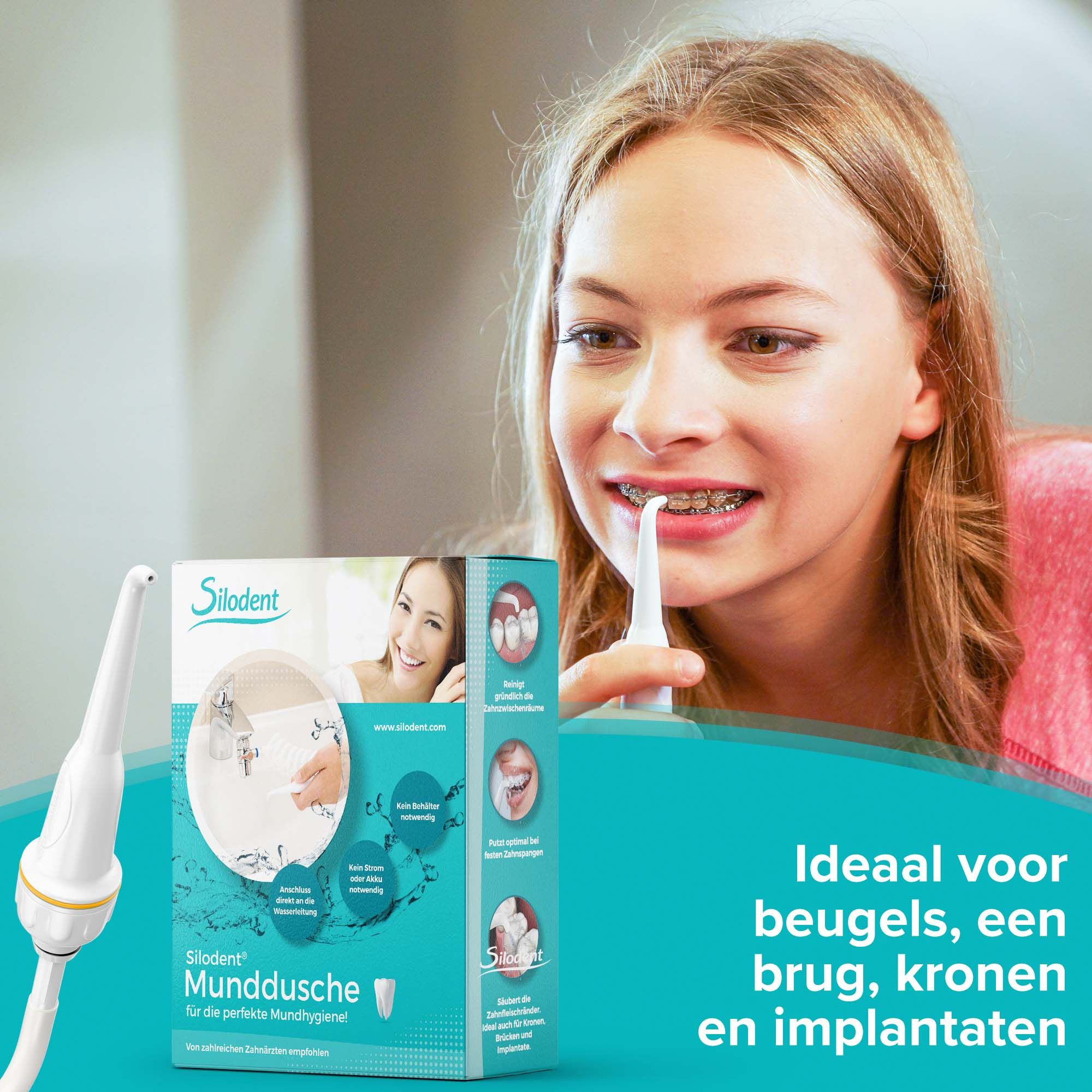 Meisje met beugel gebruikt monddouche. Productverpakking toont gebruik.