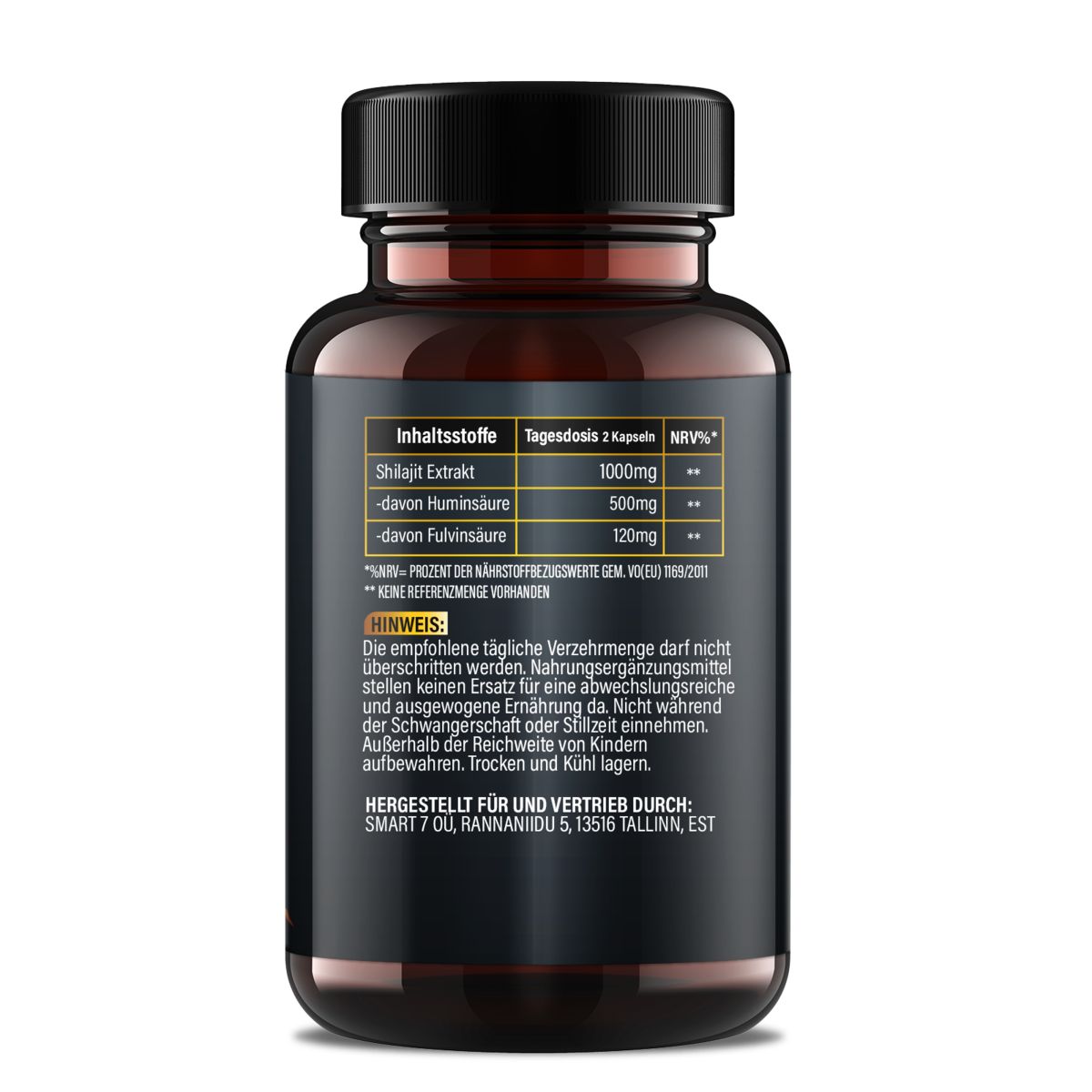 Dos d'une bouteille marron avec bouchon noir. Texte : Ingrédients, dose quotidienne, avis. Fabriqué pour Smart 7.