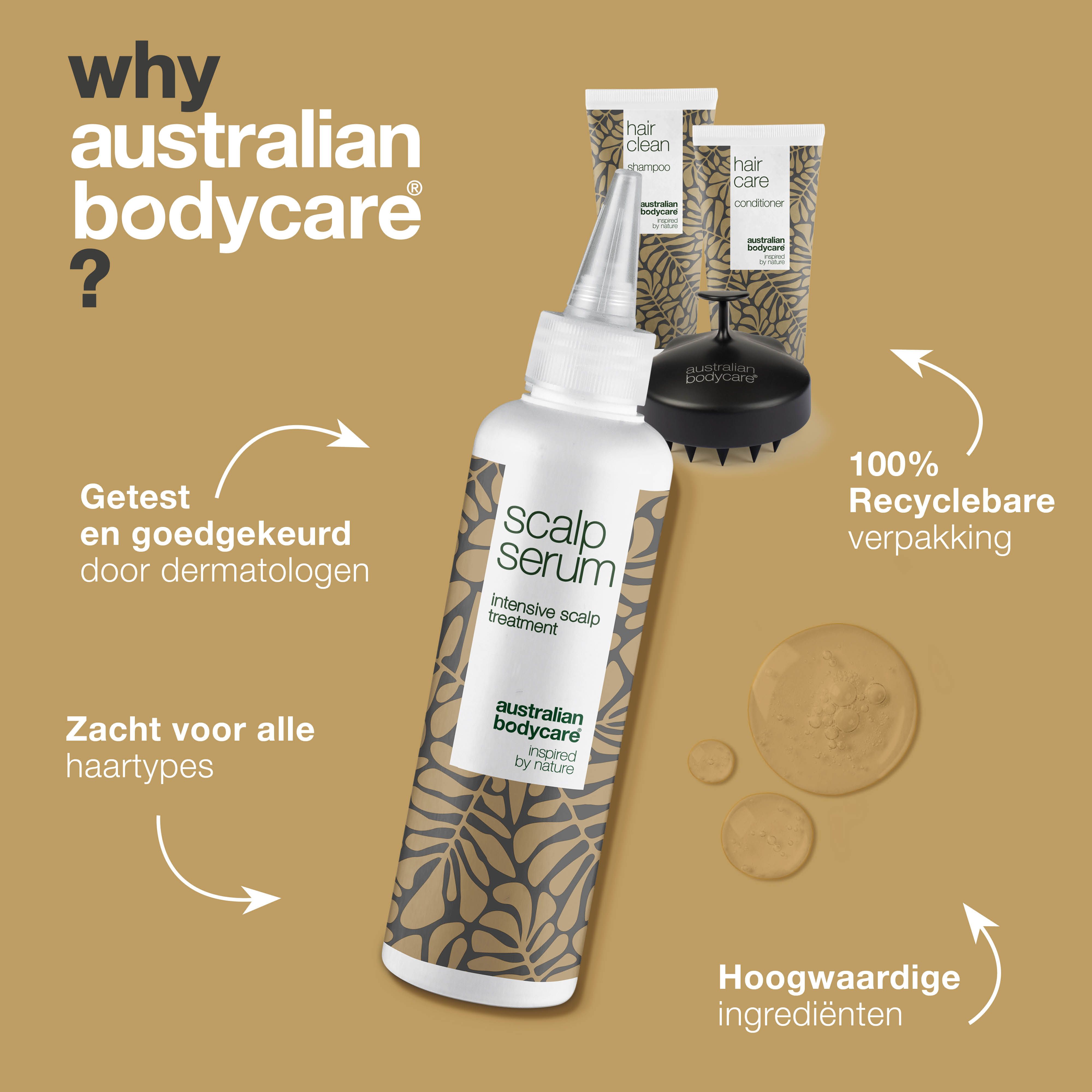 Serum, shampoo, conditioner en hoofdhuidborstel. Tekst: Waarom Australian Bodycare? Productvoordelen.