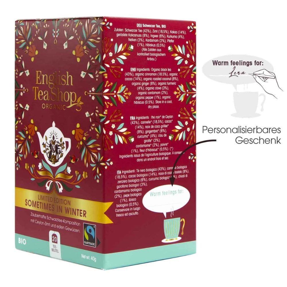 Rode doos met bloemmotief. Opschrift: English Tea Shop Organic, Limited Edition Sometimes in Winter, 20 theezakjes, Bio, Fairtrade. Tekst over ingrediënten.