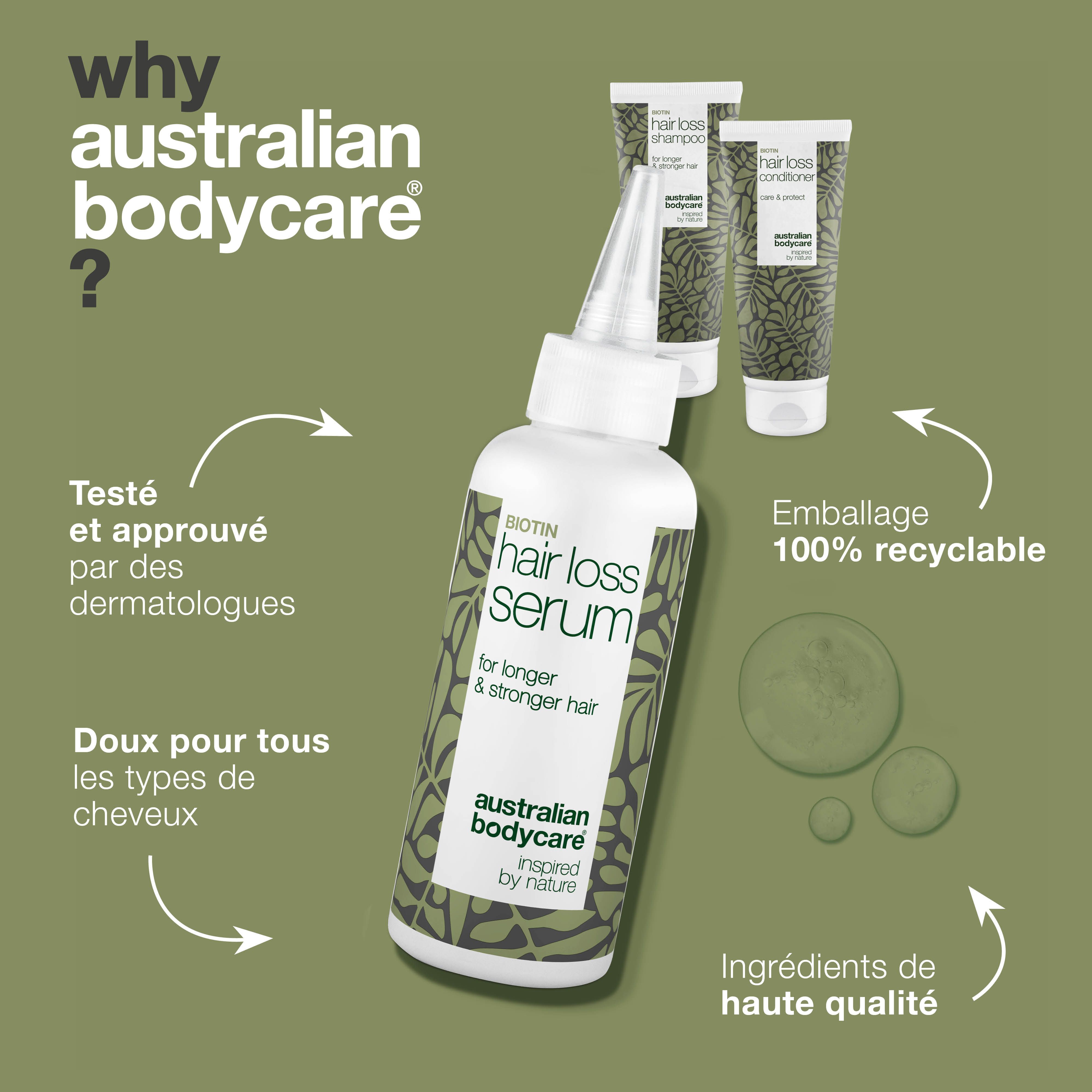 Une bouteille de sérum et deux produits en arrière-plan. Logo d'Australian Bodycare. Texte et feuilles vertes.