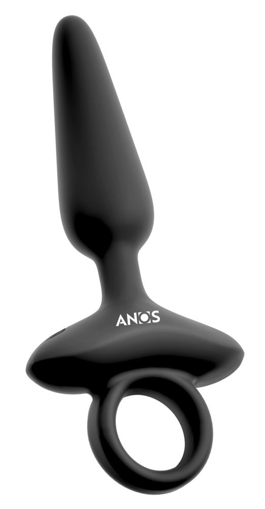 Plug anal noir avec anneau et logo ANOS, finition brillante.
