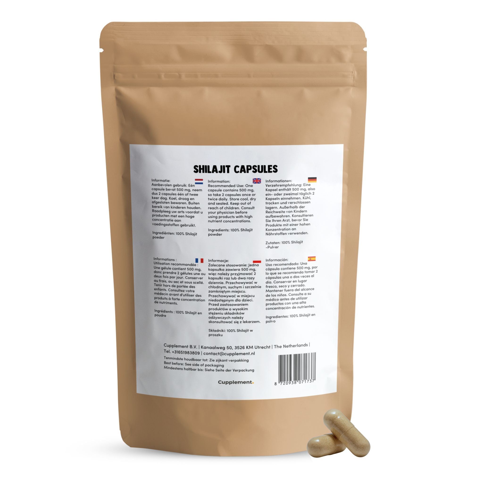 Sachet beige avec informations produit et gélules. Texte : Shilajit Capsules. Informations multilingues. Deux gélules à côté.