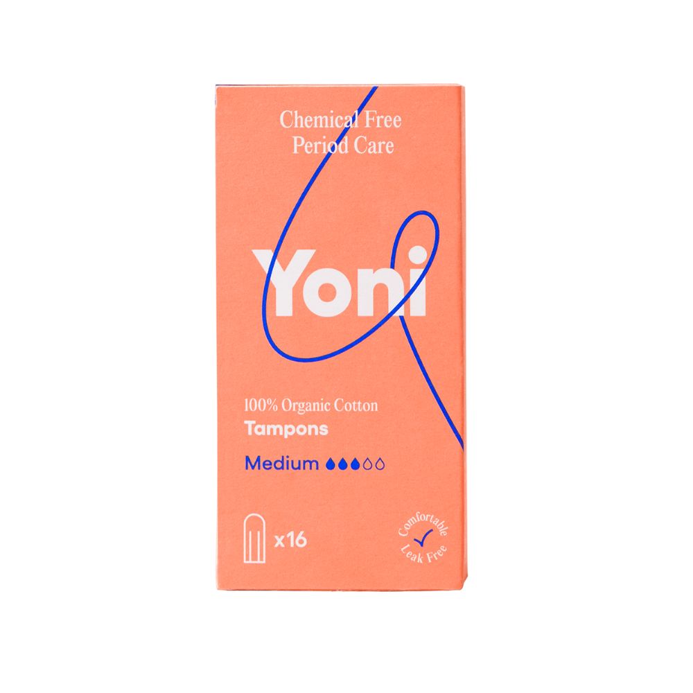 Une boîte orange de tampons. On lit "Yoni" et "Medium".