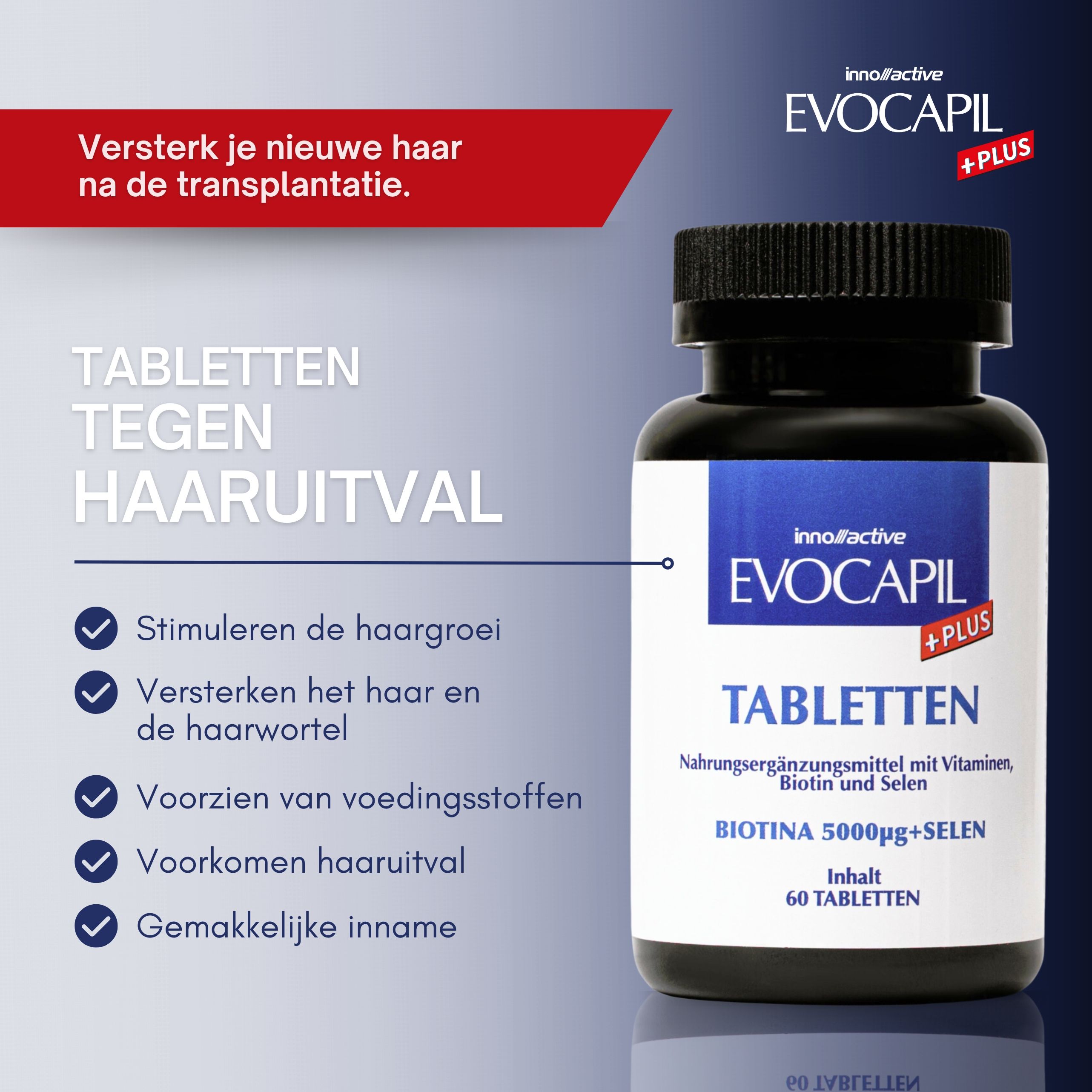 Tabletten tegen haaruitval. Fles met 60 tabletten. Biotine 5000µg+Selenium. Blauwe en rode grafiek.