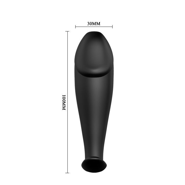 Zwarte siliconen anale plug met T-vormige basis, van de zijkant gezien.