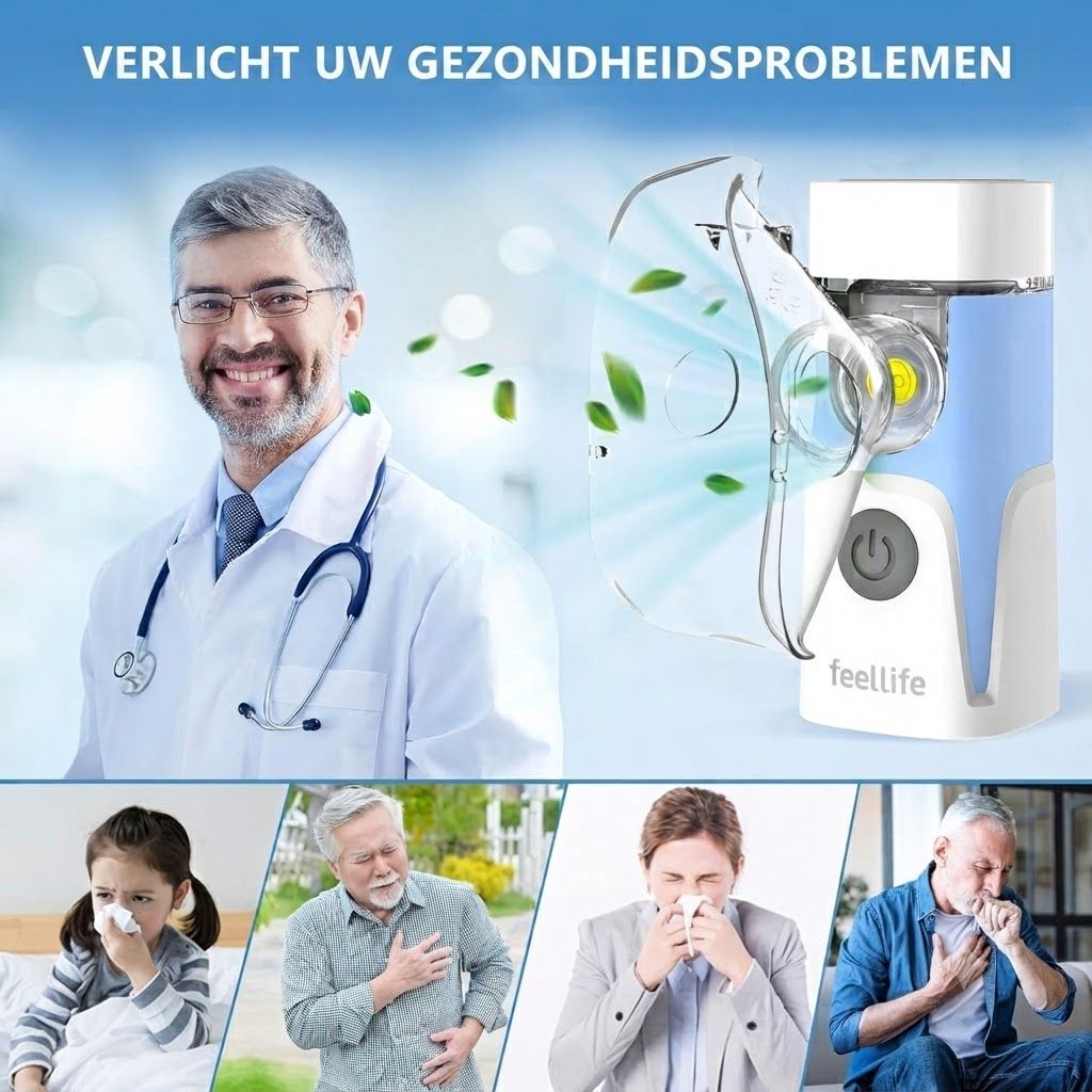 Draagbare vernevelaar met masker en aan/uit-knop. Merk: feellife.