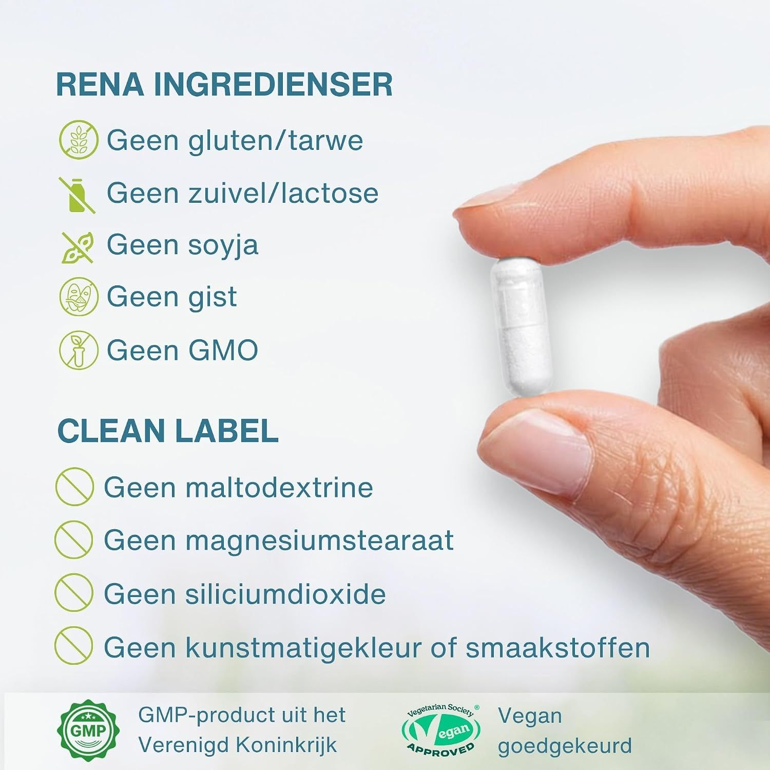 Een witte capsule wordt tussen duim en wijsvinger vastgehouden. Links staan ingrediënten en keurmerken.